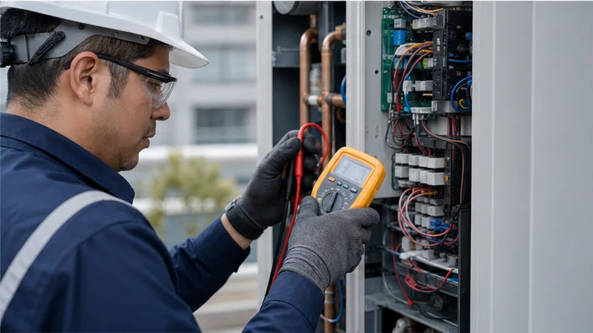 Diagnóstico técnico de equipo HVAC comercial con herramientas de medición